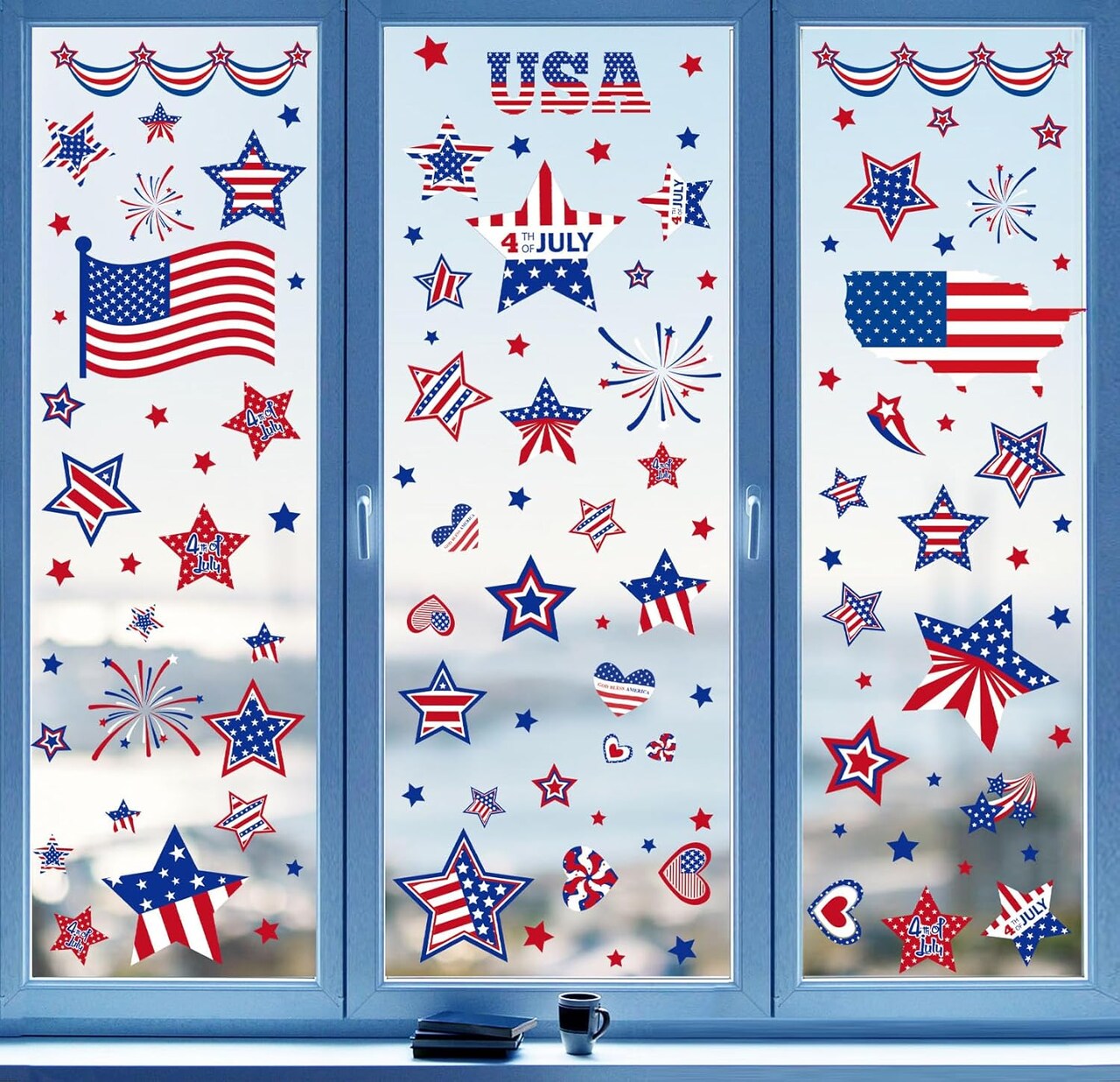 4th of July Window Clings Decorations,111 PCS Reusable Static Summer Patriotic American Flag Stickers